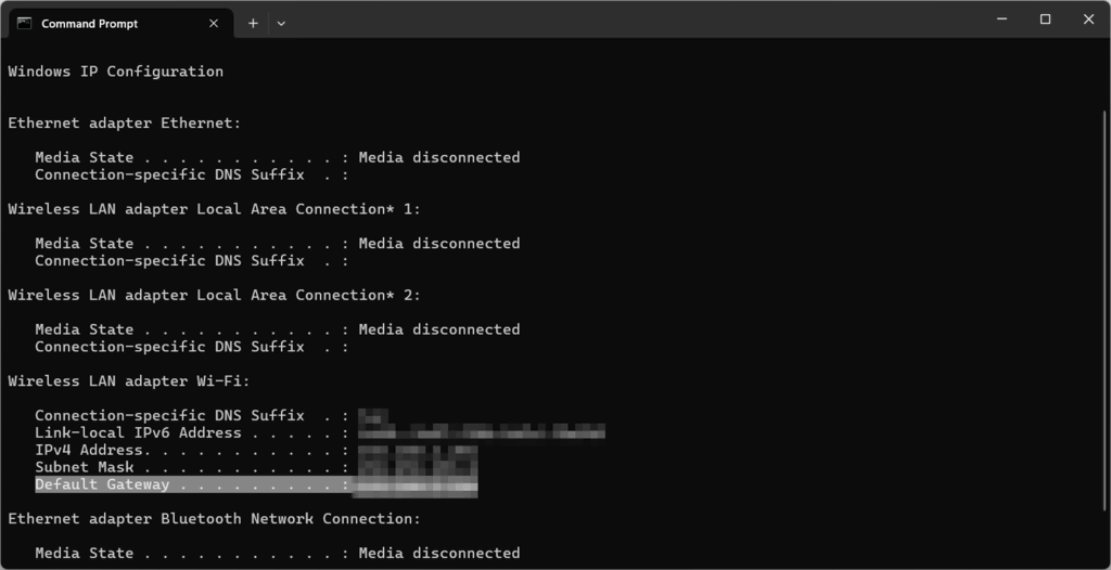 Résultat de la commande ipconfig dans l'invite de commande affichant la passerelle par défaut du routeur