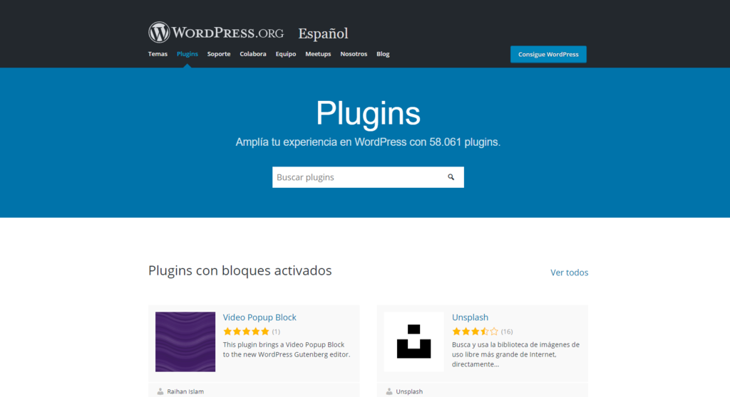 Página de inicio del directorio de plugins de WordPress