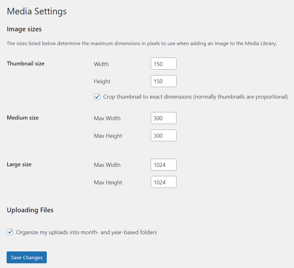 The WordPress Image Sizes settings.